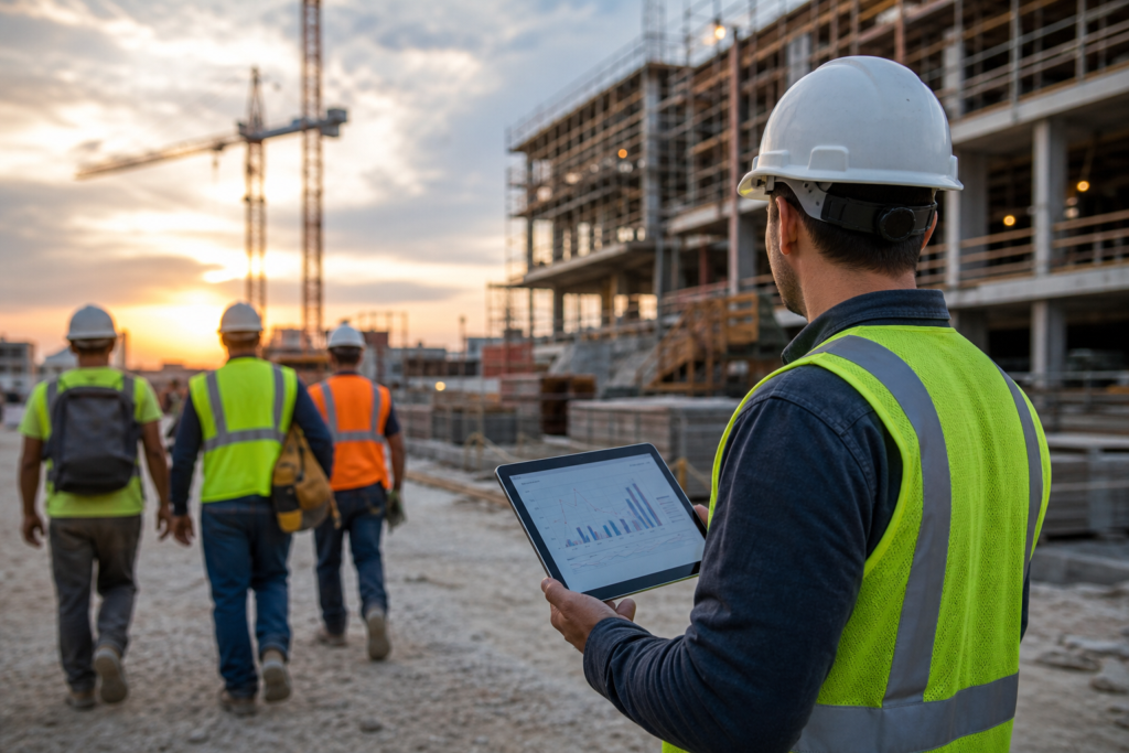 construction worker reviewing tablet metrics on construction workforce turnover metrics at sunset.