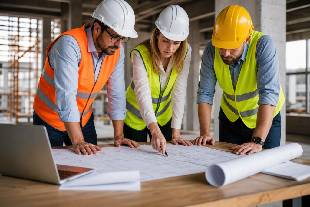three construction professionals in hard hats reviewing blueprints, addressing preconstruction talent gaps.
