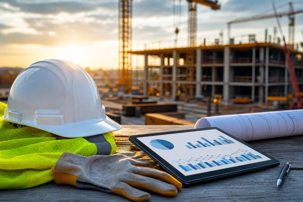 hard hat, safety vest, tablet showing construction talent retention metrics, plans, and gloves at a building site.