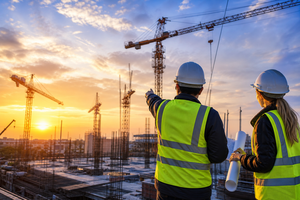 two construction workers overlooking a large infrastructure project hiring site with cranes at sunset.