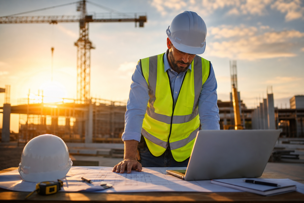 construction worker with laptop and blueprints at sunset job site for august construction hiring