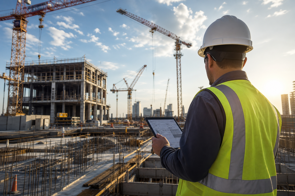 construction manager viewing tablet at large worksite, why construction firms miss critical august project kickoffs without pre-planning staffing