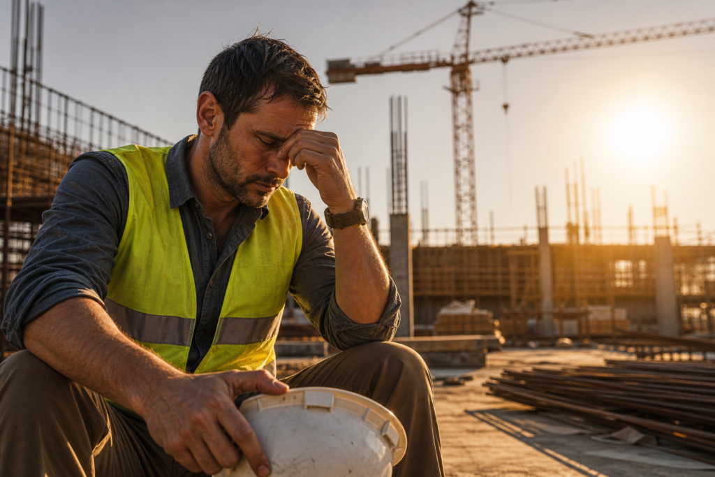 stressed field engineer holding hard hat at a construction site, highlighting field engineer turnover prevention.