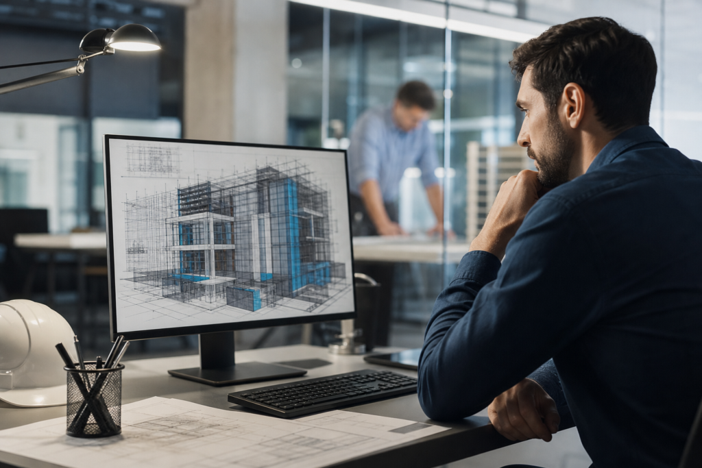 engineer pondering building design on a monitor, highlighting the bim vdc engineering talent gap.