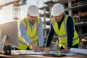 two men in hard hats and vests evaluating plans at a construction site, useful for construction staffing provider evaluation.