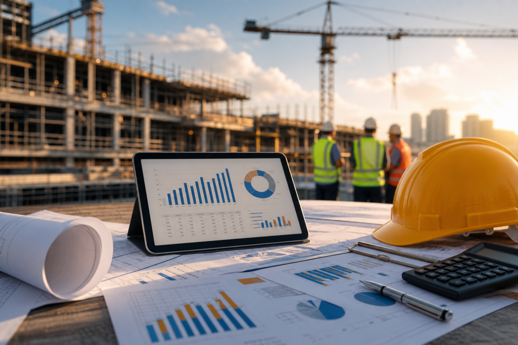 tablet displaying construction staffing roi data, blueprints, and hard hat with workers overlooking a building site.