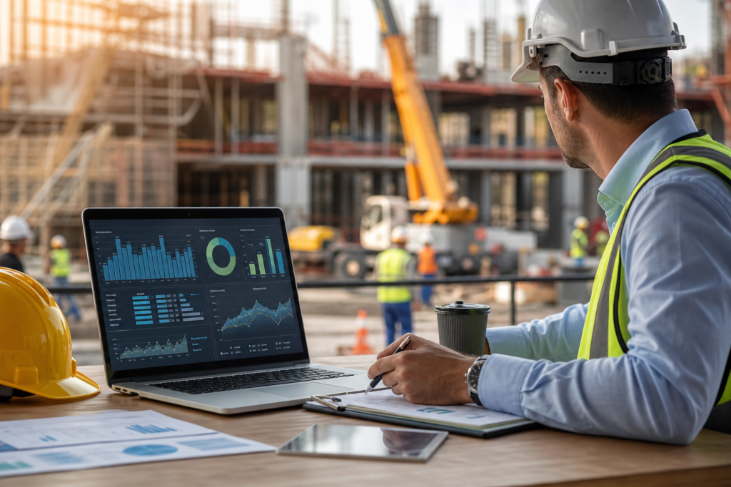 construction manager reviewing contractor hiring analytics on a laptop at a busy building site.