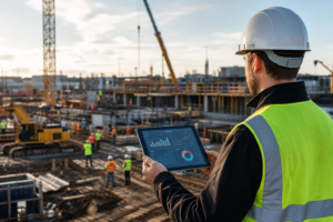 construction worker with hard hat and tablet viewing real-time workforce tracking data on a busy construction site.