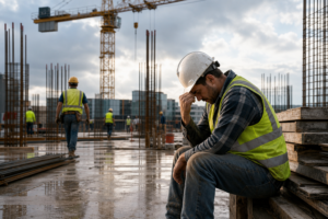 distressed construction worker sitting on site, contemplating challenges in construction employee retention.