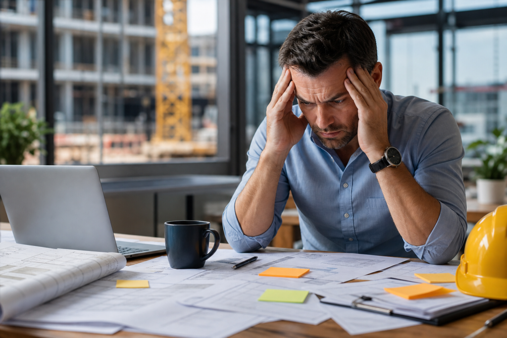stressed man reviewing construction plans and documents, focusing on preconstruction hiring planning.