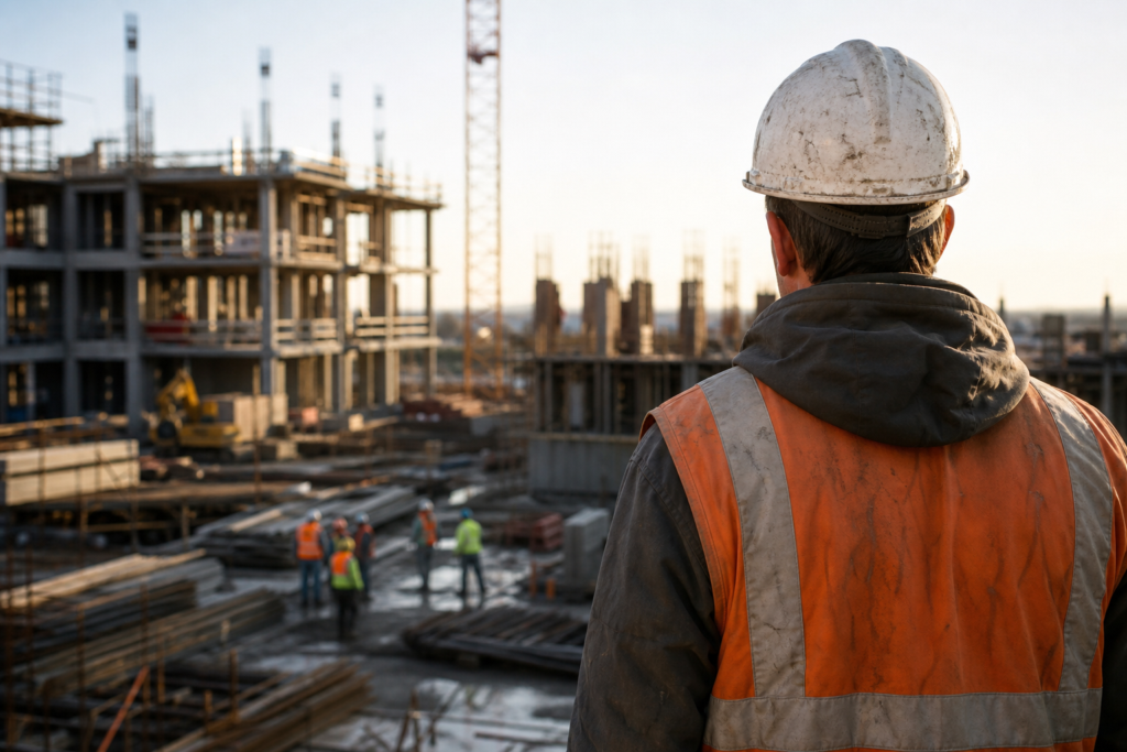 construction worker in hard hat and vest overlooking a construction site, impacting construction worker retention.