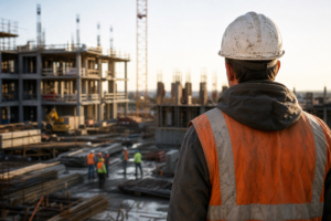 construction worker in hard hat and vest overlooking a construction site, impacting construction worker retention.