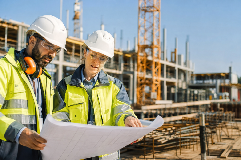 two safety-certified engineers reviewing blueprints at a construction site for placement.