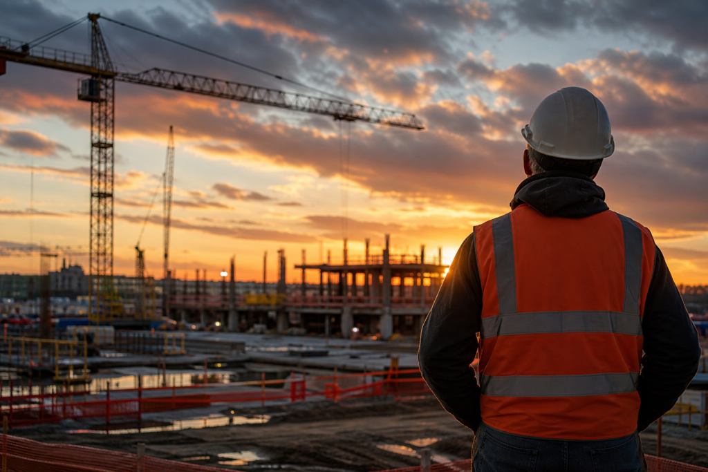 construction worker in hard hat and safety vest overlooks a building site at sunset, highlighting superintendent shortage solutions.