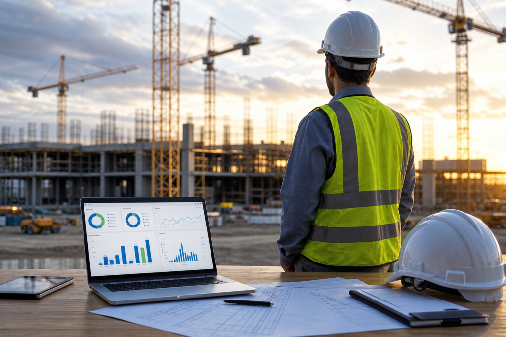 construction worker overlooking building site with laptop showing q4 staffing performance metrics.