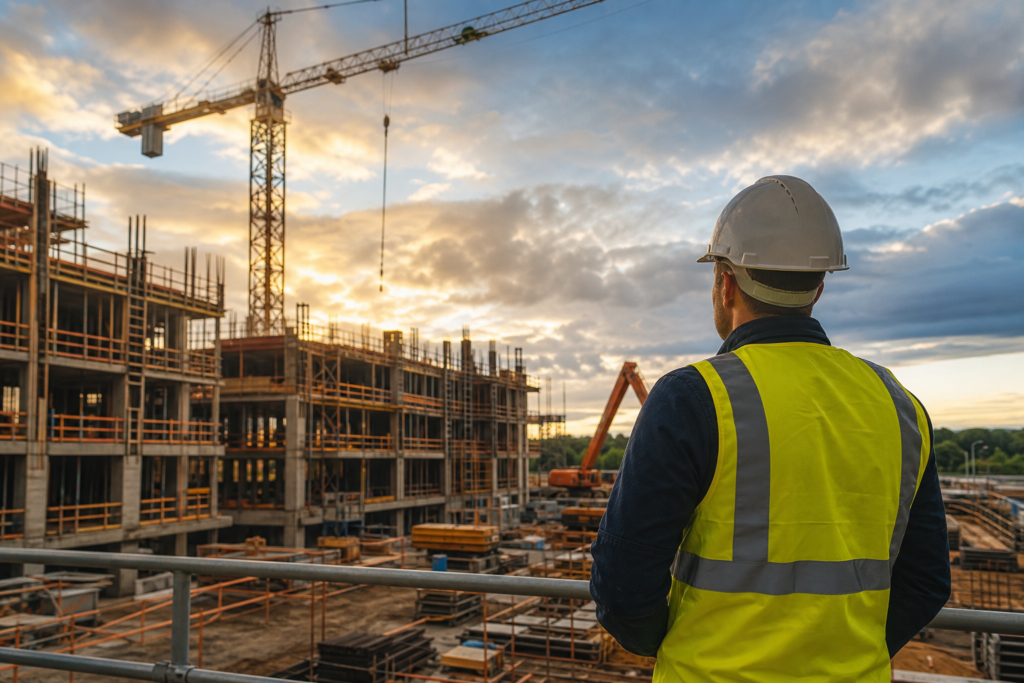 construction worker observes busy construction site and crane, signaling an october construction hiring surge.