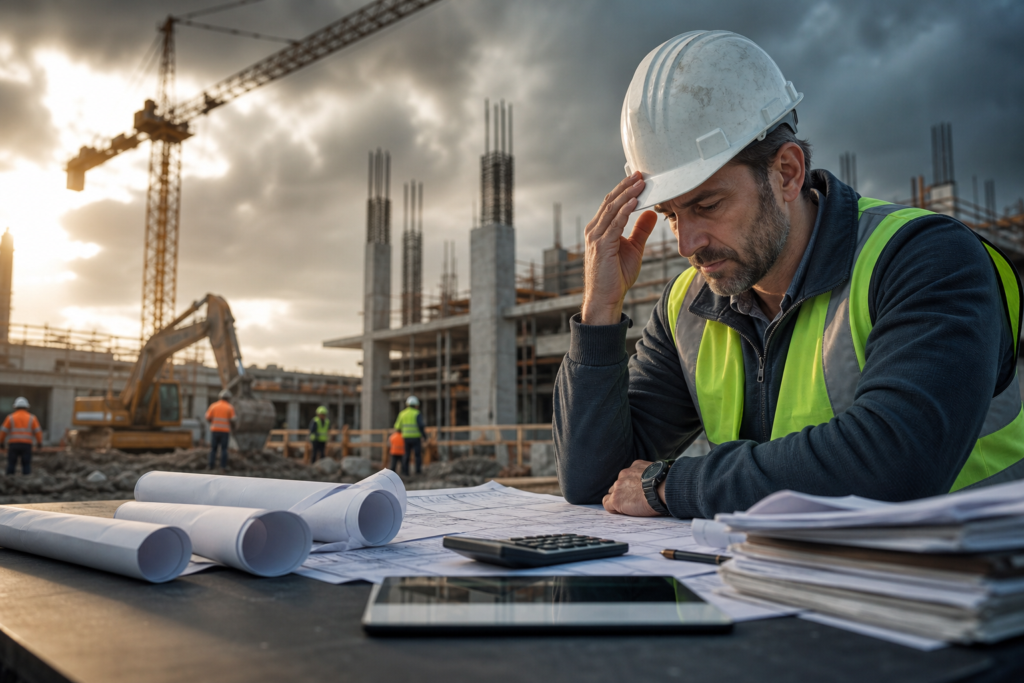 stressed construction manager calculating emergency construction hiring costs at a busy site with blueprints.