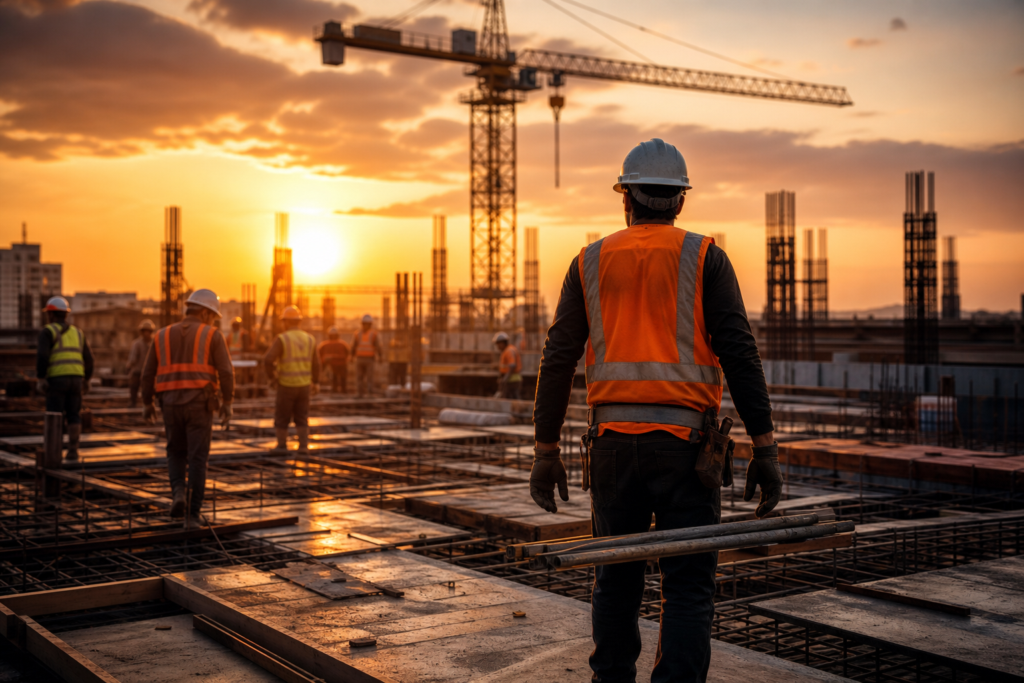 construction workers on a building site at sunset, highlighting october construction hiring.