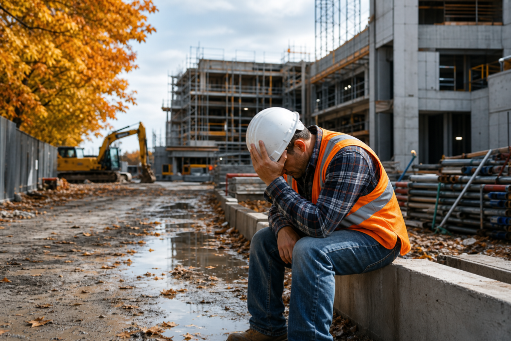 distressed construction worker on site, emphasizing construction employee turnover prevention.